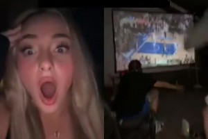 尼克斯赢球瞬间！纽约丰满女球迷狂嗨庆祝！喜极而泣！